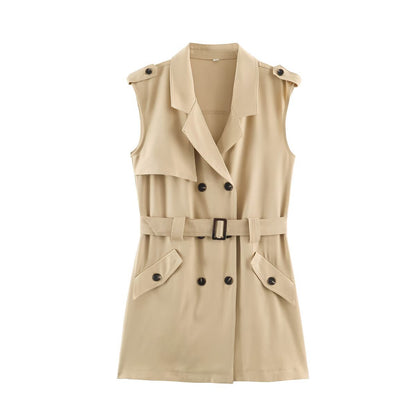 Women's Sleeveless Tailored Trench Dress with Tie Belt and Flap Pockets EVA-US