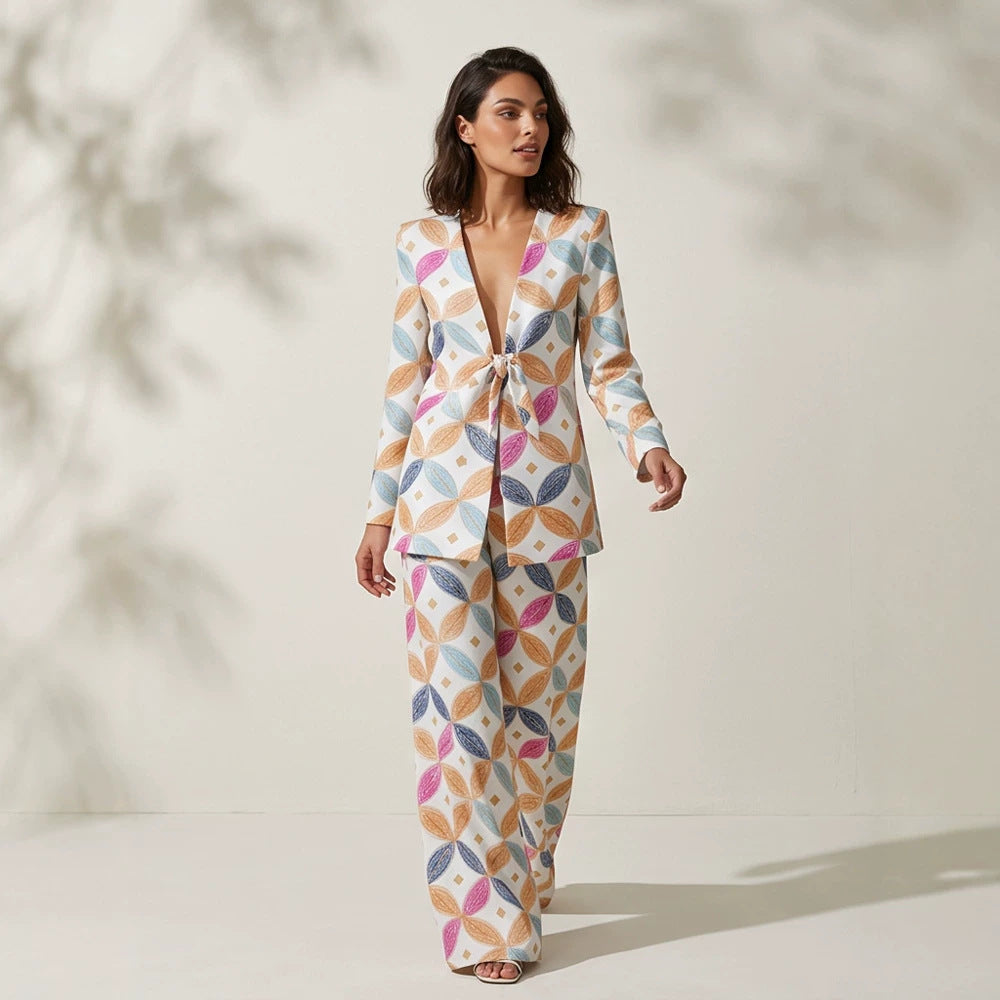 Women's Two-Piece Jacquard Suit with Waist Tie and Wide Leg EVA-US