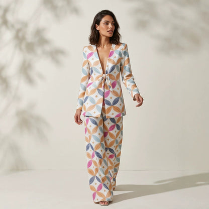 Women's Two-Piece Jacquard Suit with Waist Tie and Wide Leg EVA-US