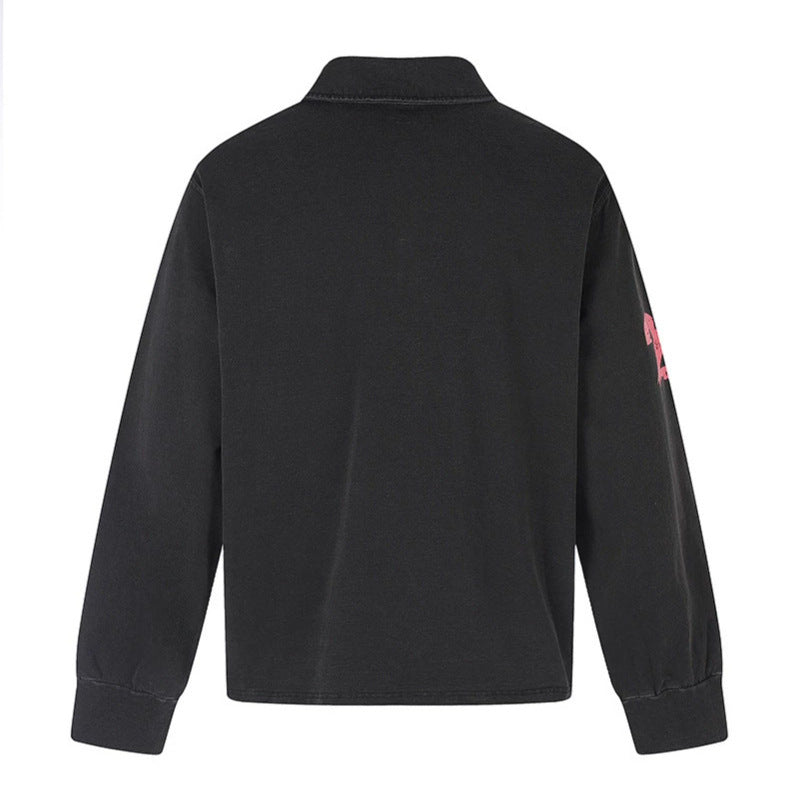Men's Long Sleeve Polo Shirt with Vintage-Inspired Front Print, Shirt Collar and Button Placket EVA-US