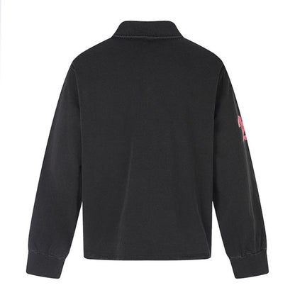 Men's Long Sleeve Polo Shirt with Vintage-Inspired Front Print, Shirt Collar and Button Placket EVA-US