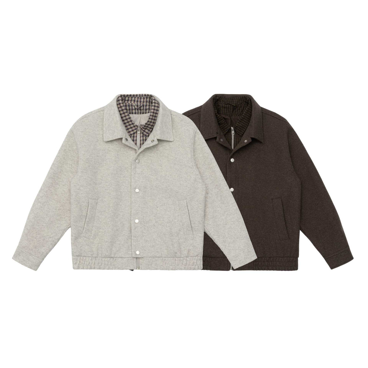 Men's short jacket made of wool blend with checked lined inner vest and snap button placket EVA-US