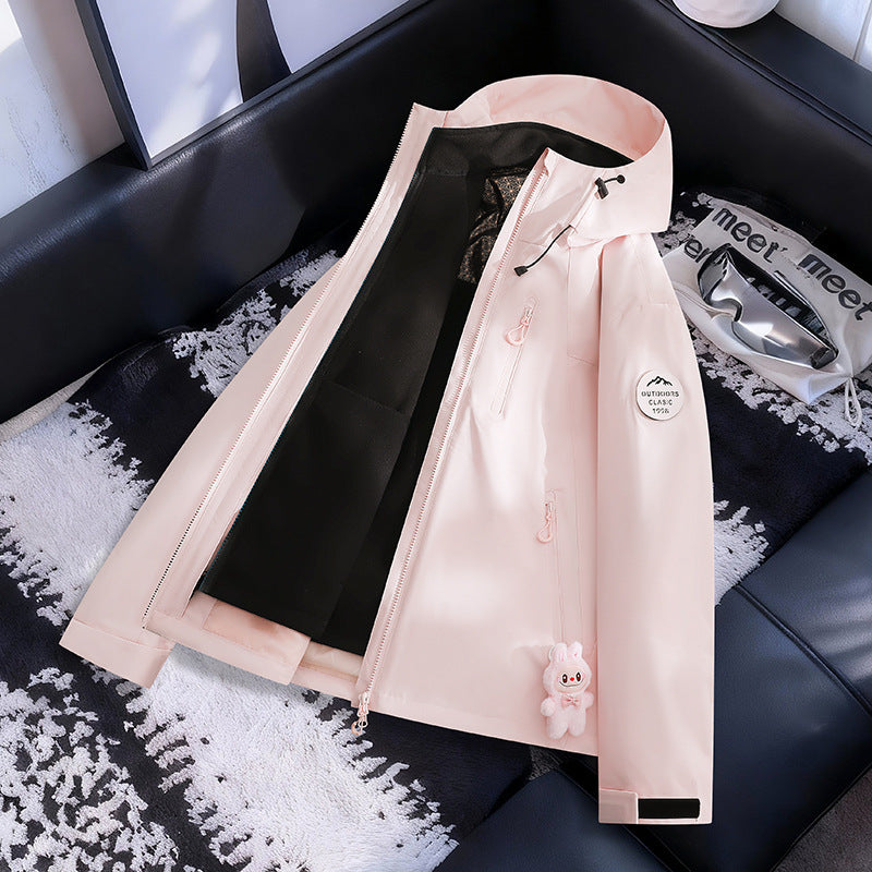 Women Lightweight Waterproof Hooded Jacket with Teddy Charm and Concealed Zipper Pockets EVA-US