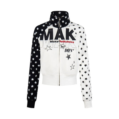 Women's cropped zip-up sweatshirt with stand-up collar, star print, and raglan sleeves EVA-US
