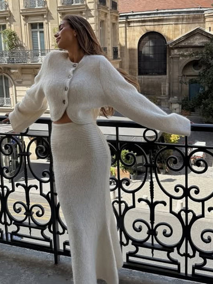 Women Two-Piece Knit Set with Cropped Cardigan and Maxi Skirt EVA-US