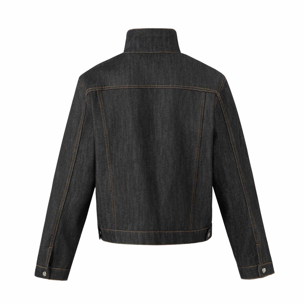 Unisex Short Cut Denim Jacket with High Stand-Up Collar and Decorative Seams EVA-US