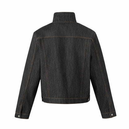 Unisex Short Cut Denim Jacket with High Stand-Up Collar and Decorative Seams EVA-US