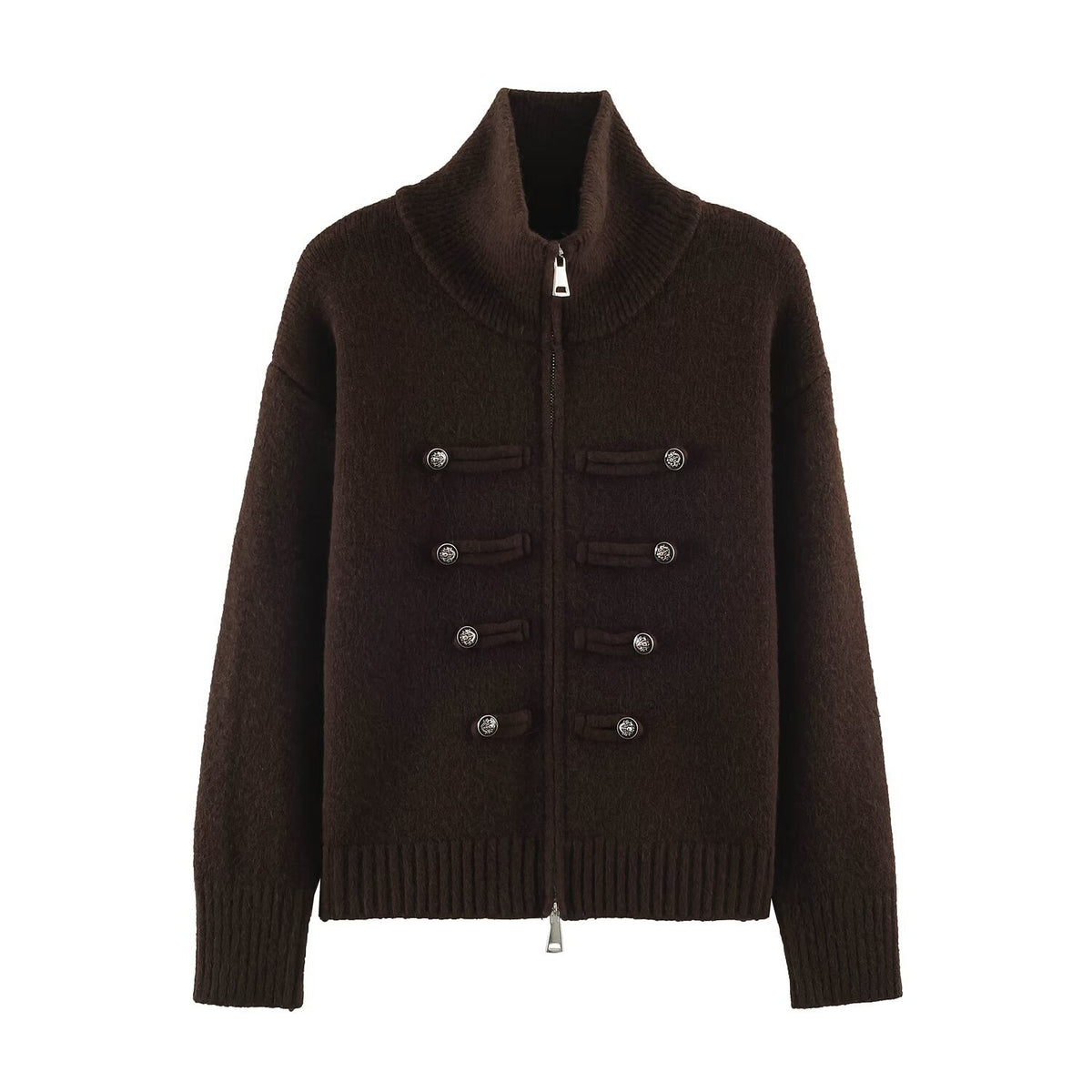 Women's cardigan with zipper, high stand-up collar, and decorative button plackets EVA-US