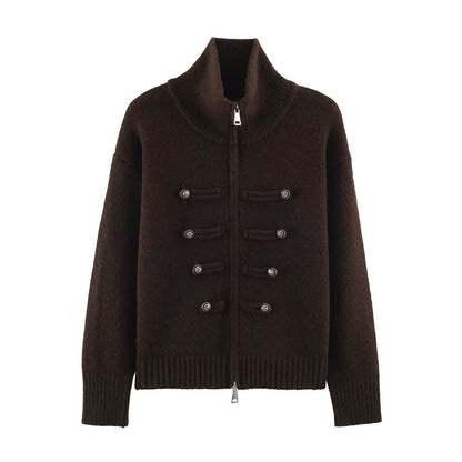 Women's cardigan with zipper, high stand-up collar, and decorative button plackets EVA-US
