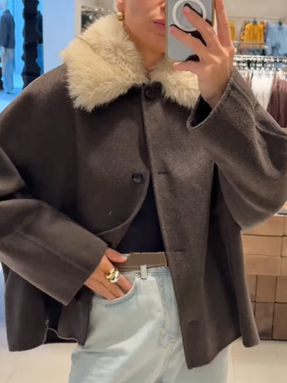 Women's Boxy-Cropped Wool Blend Jacket with Soft Faux Fur Shawl Collar EVA-US