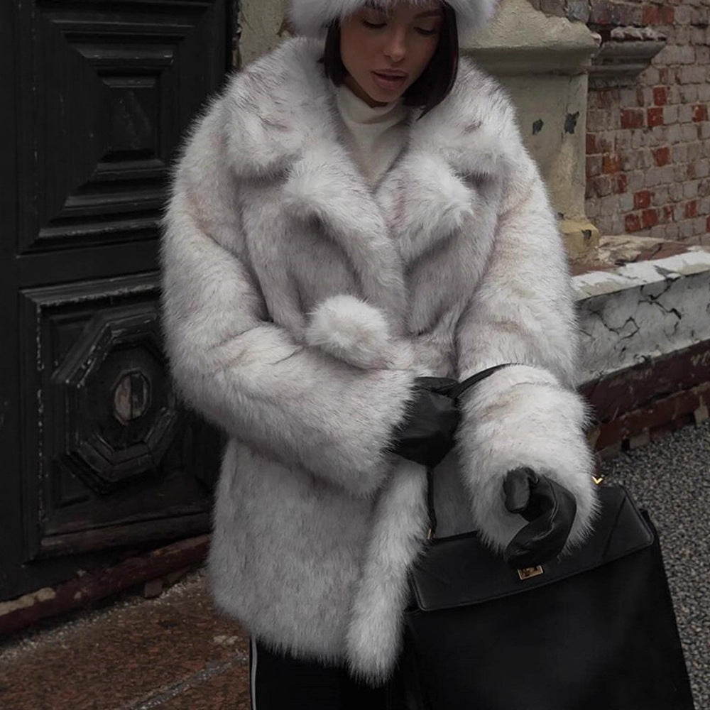 Ladies Voluminous Short Coat made of Faux Fur with Belted Waist and Oversized Shawl Collar EVA-US