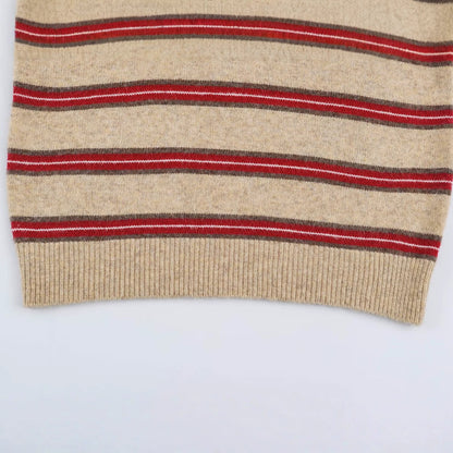 Women Striped Oversize Sweater with Polo Collar and V-Neck EVA-US