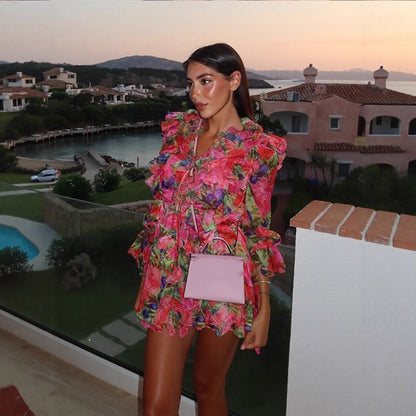 Women's Floral Chiffon Mini Dress with Lace-Up Corset, Ruffles and Flared Sleeves EVA-US