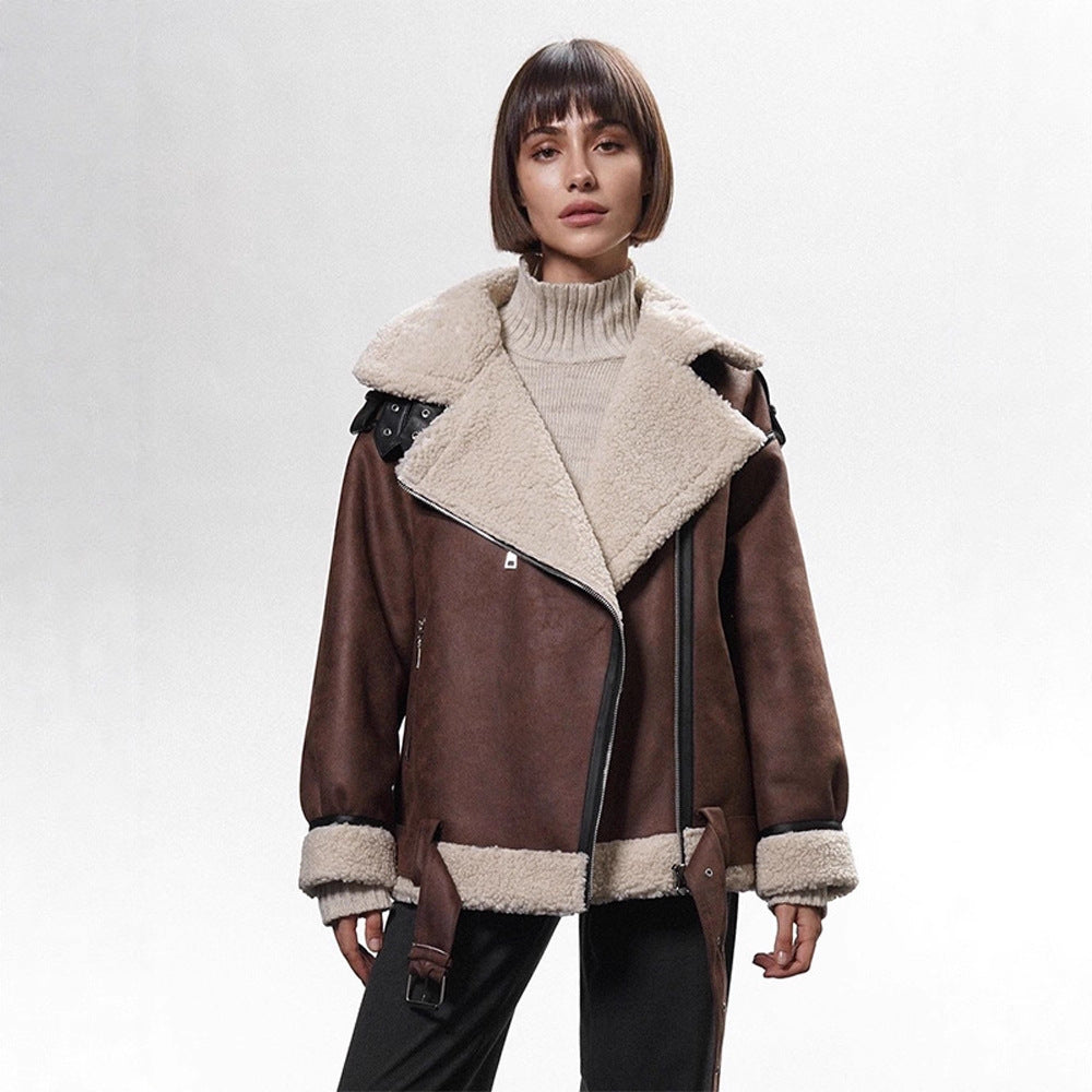 Women's Oversized Biker Jacket with Teddy Fur Lining and Adjustable Belts EVA-US