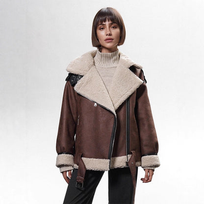 Women's Oversized Biker Jacket with Teddy Fur Lining and Adjustable Belts EVA-US