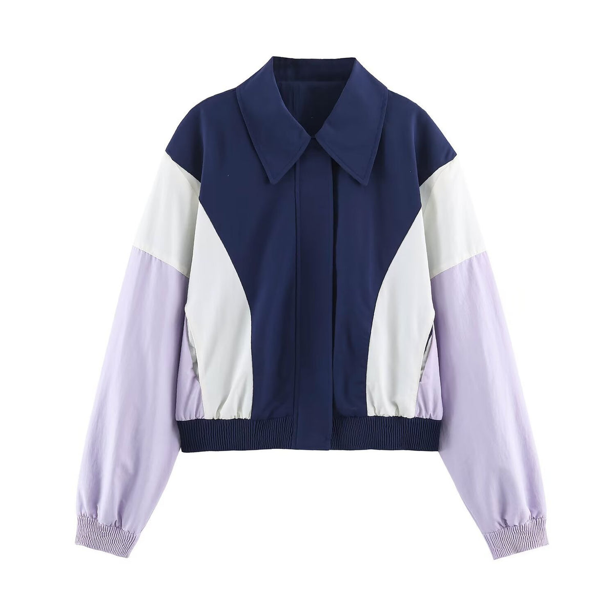 Women’s Cropped Colorblock Bomber Jacket with Oversized Shirt Collar and Elastic Hem