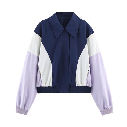 Women’s Cropped Colorblock Bomber Jacket with Oversized Shirt Collar and Elastic Hem