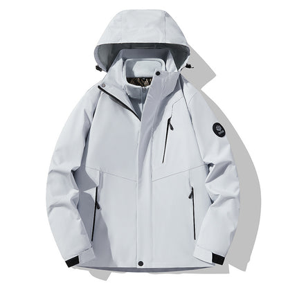 Men's three-layer breathable softshell trekking jacket with integrated fleece collar and adjustable hood EVA-US