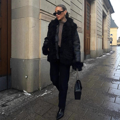 Women's Oversize Faux Leather Aviator Jacket with Voluminous Faux Fur Collar and Teddy Cuffs EVA-US