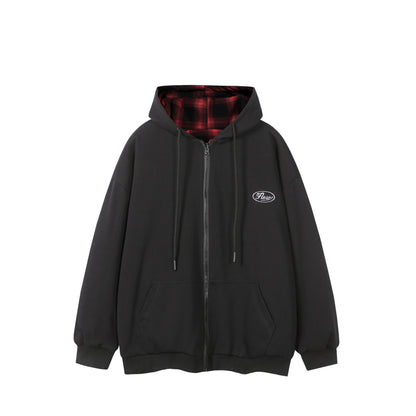 Unisex Oversize Hoodie Zipper Jacket with Checkered Hood Lining and Kangaroo Pockets EVA-US