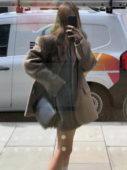 Ladies Oversize Wool Blend Coat Blazer with Boxy Silhouette and Flap Pockets EVA-US