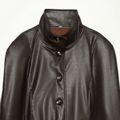 Women's Tailored Cropped Vegan Leather Jacket with Stand Collar and Tie Belt EVA-US