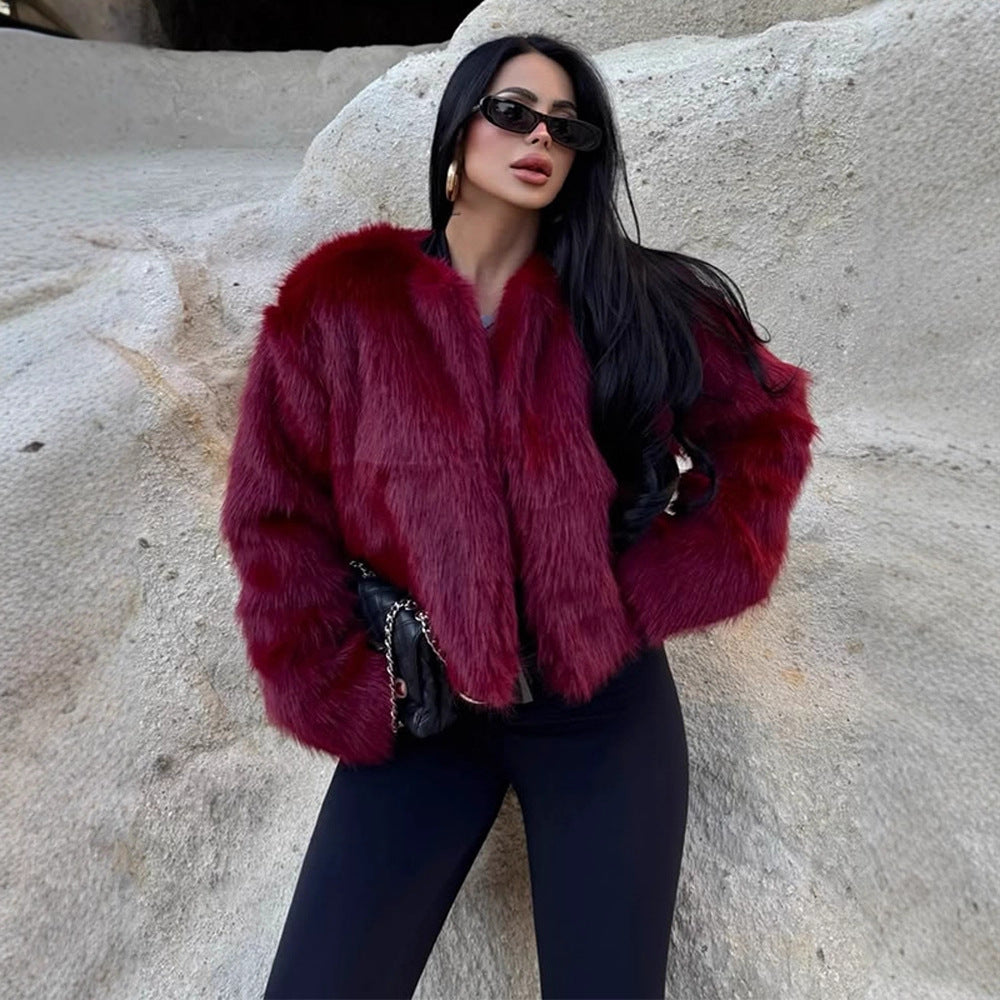 Women's short-cut boxy faux fur bomber with voluminous shawl collar EVA-US