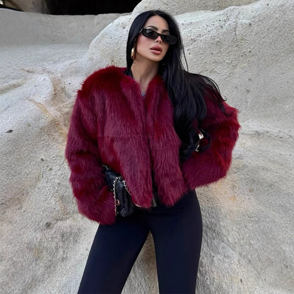 Women's short-cut boxy faux fur bomber with voluminous shawl collar EVA-US