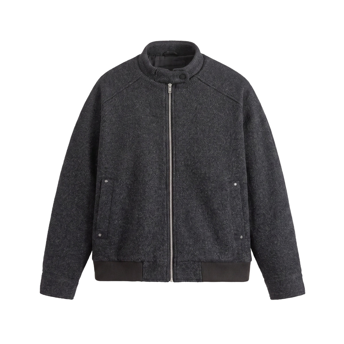 Men's Short Boxy Wool Mix Bomber with Stand-Up Collar and Ribbed Hem EVA-US