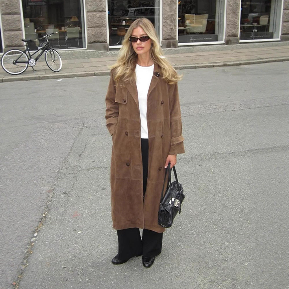 Women's Long Suede Trench Coat with Double-Breasted Buttons EVA-US