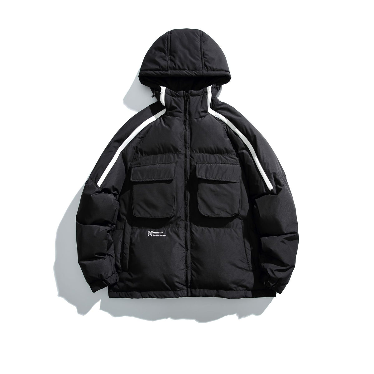 Unisex Short Cut Boxy Puffer with Hood, Contrast Stripes and Large Flap Pockets EVA-US