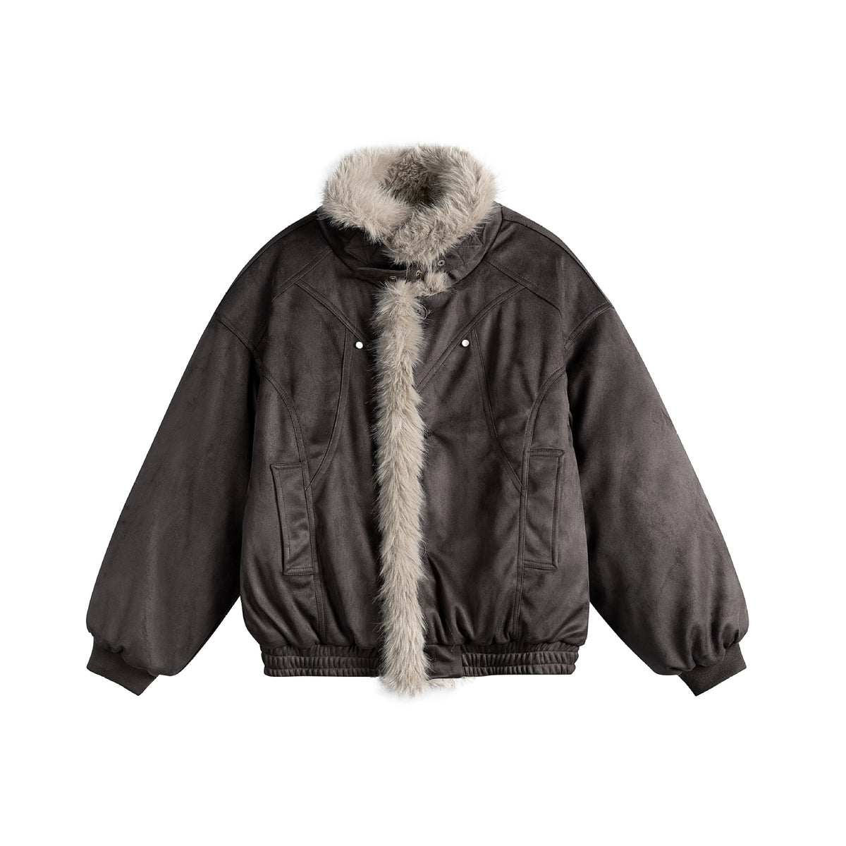 Women's boxy bomber jacket made of faux suede with a voluminous faux fur collar EVA-US