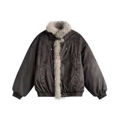 Women's boxy bomber jacket made of faux suede with a voluminous faux fur collar EVA-US