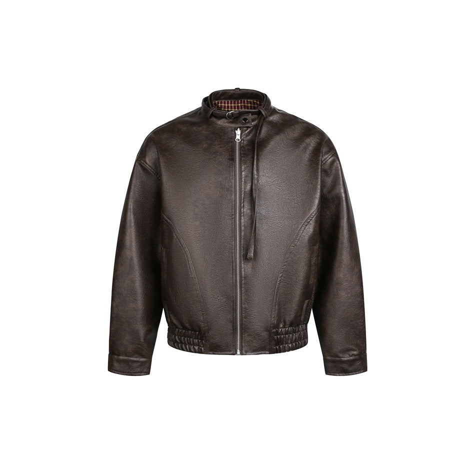 Men's short-cut vintage leather blouson with buckle collar and elastic hem EVA-US