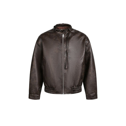 Men's short-cut vintage leather blouson with buckle collar and elastic hem EVA-US
