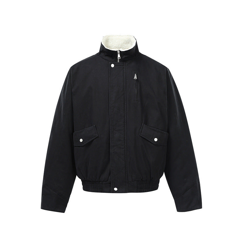 Men's Short Boxy Utility Bomber Jacket made of Canvas with Quilted Front Yoke and Stand-Up Collar EVA-US