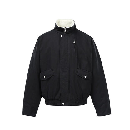 Men's Short Boxy Utility Bomber Jacket made of Canvas with Quilted Front Yoke and Stand-Up Collar EVA-US
