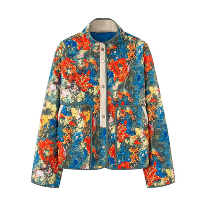 Women's quilted blouson jacket with abstract floral print and contrast piping EVA-US