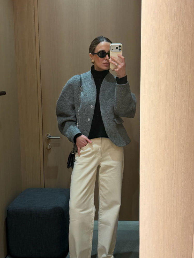 Women's Short Wool Jacket with Balloon Sleeves and Boxy Silhouette EVA-US