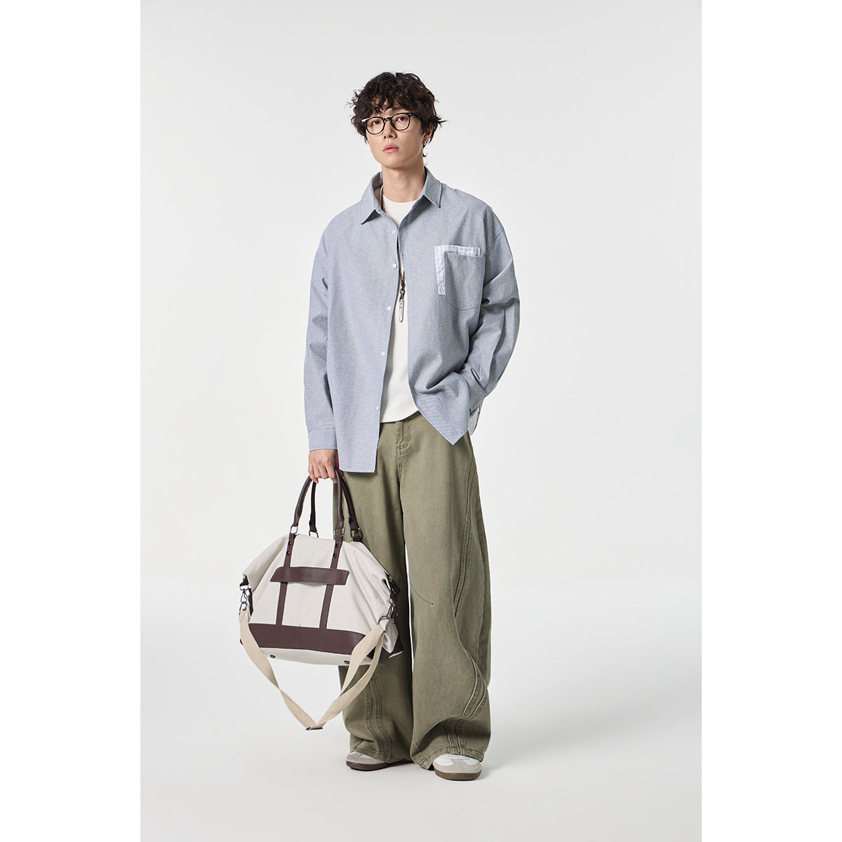 Women Oversize Cotton Shirt with Check Trim on Chest Pocket and Hem