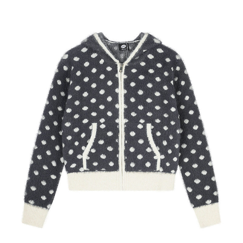Women Fluffy Hooded Zip Jacket with Polka Dot Jacquard and Pockets EVA-US
