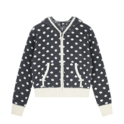 Women Fluffy Hooded Zip Jacket with Polka Dot Jacquard and Pockets EVA-US