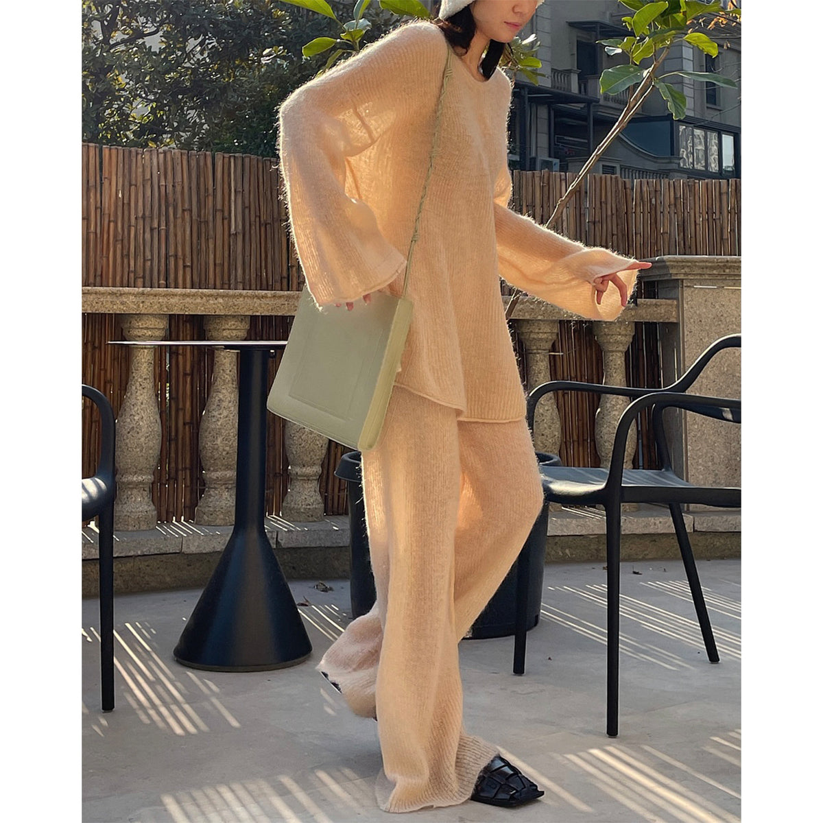 Women Mohair-Optic Lounge Set with Oversized Round Neck Sweater and Straight Knit Pants EVA-US