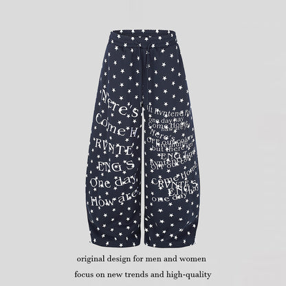 Women's Wide Palazzo Lounge Pants with Allover Stars, Drawstring Waistband and Typographic Print EVA-US
