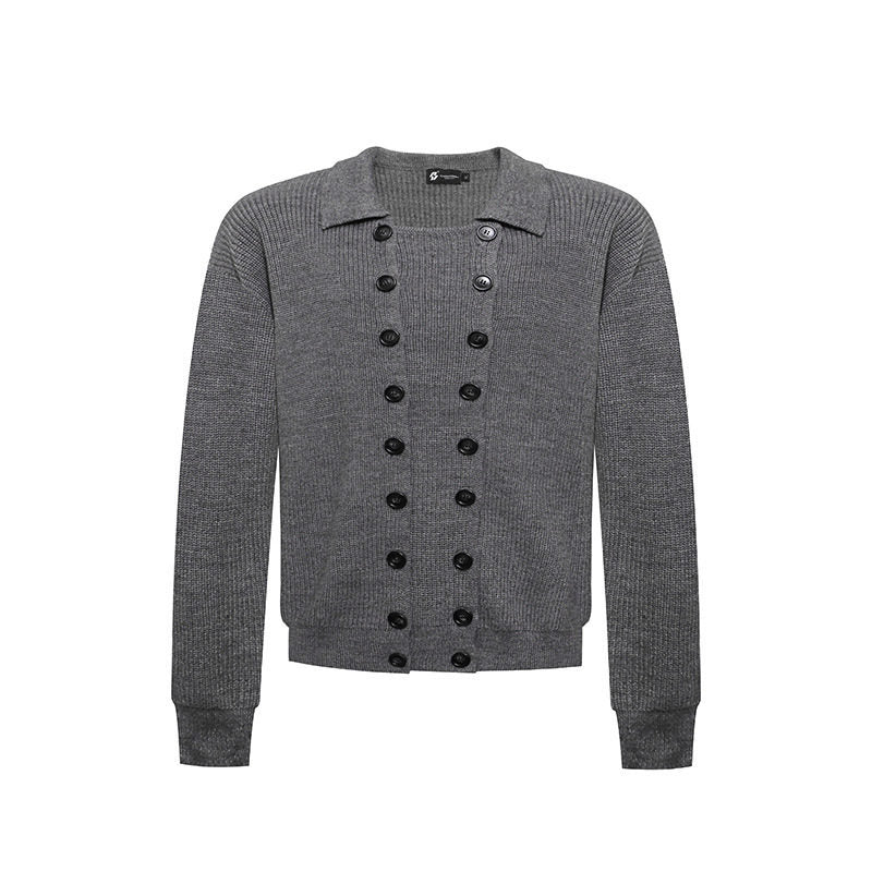 Men's Double-Breasted Knit Cardigan with Shirt Collar and Ribbed Cuffs EVA-US