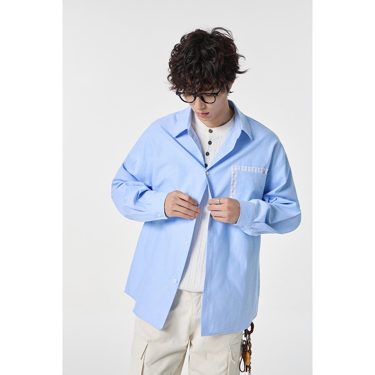 Women Oversize Cotton Shirt with Check Trim on Chest Pocket and Hem