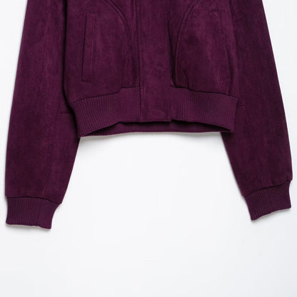 Women Cropped Velvet Jacket in Bomber Style with High Ribbed Collar and Waistband EVA-US