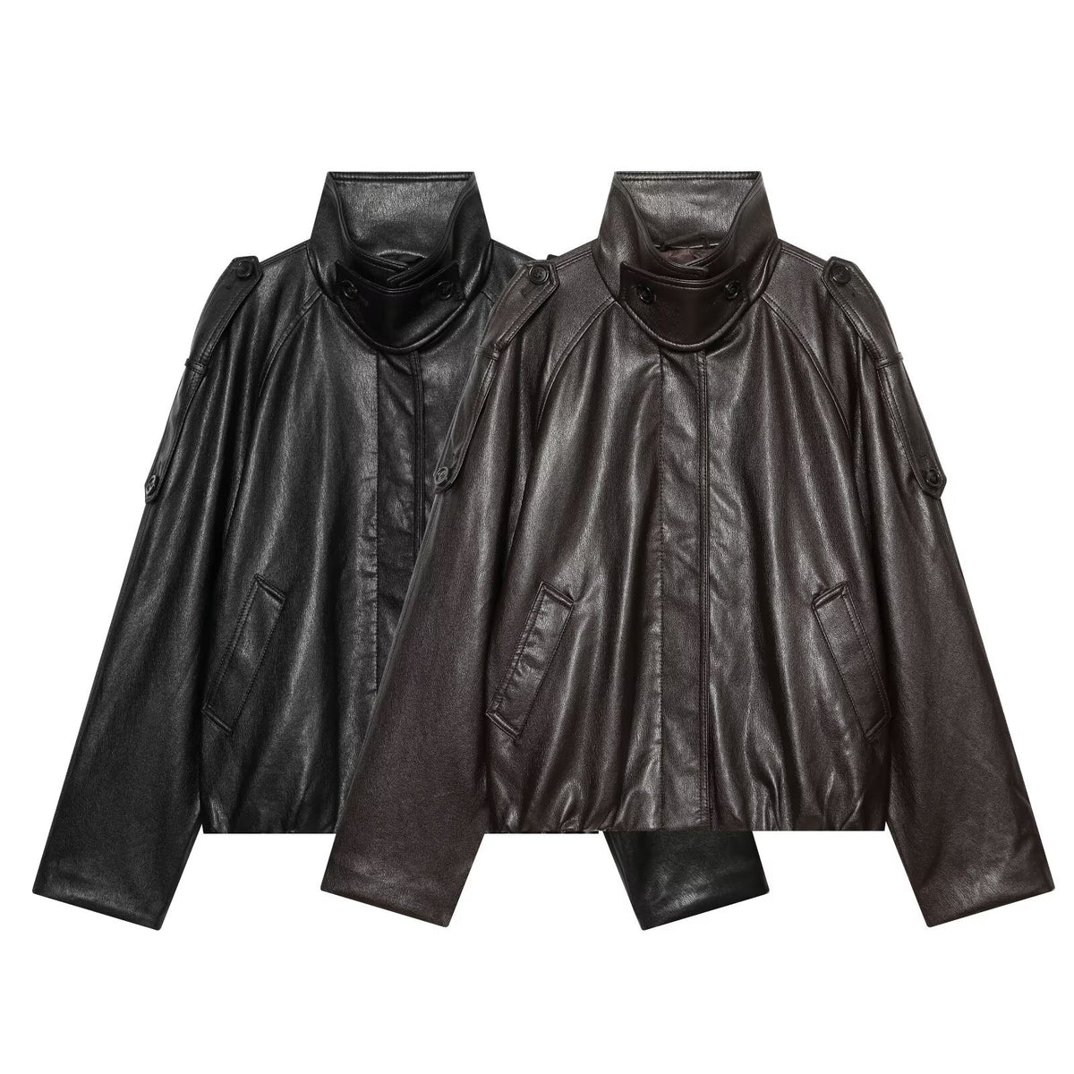 Women's short-cut leather look blouson jacket with high funnel collar, shoulder tabs and integrated patch pockets EVA-US