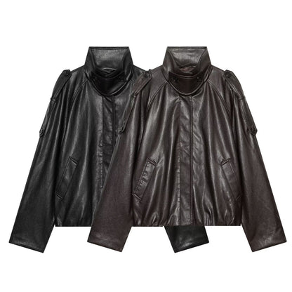 Women's short-cut leather look blouson jacket with high funnel collar, shoulder tabs and integrated patch pockets EVA-US