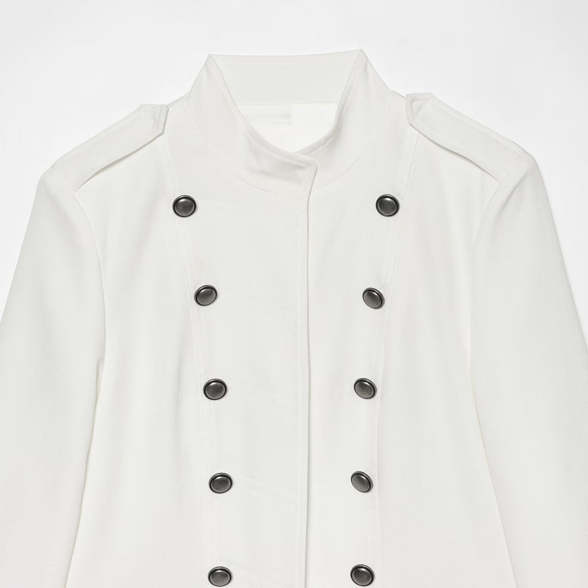 Women Short Military-Inspired Double-Breasted Jacket with Stand Collar and Flap Pockets EVA-US